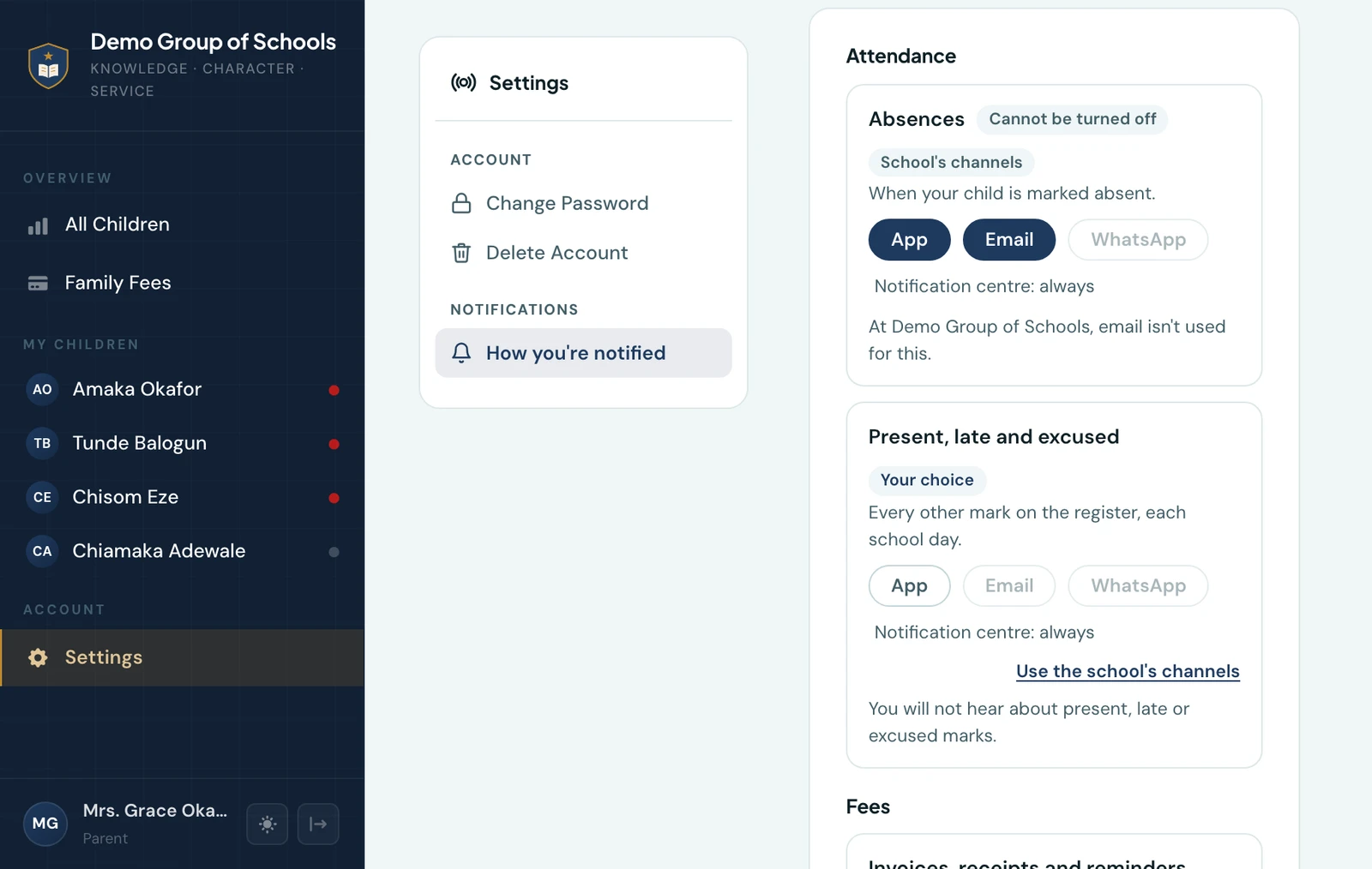 The parent portal's How you're notified settings, opening on Attendance: Absences, labelled Cannot be turned off and School's channels, with App and Email switched on, WhatsApp greyed out, and a note that Demo Group of Schools does not use email for it; then Present, late and excused, labelled Your choice, with every switch off, a Use the school's channels link and the line You will not hear about present, late or excused marks; then the start of Fees