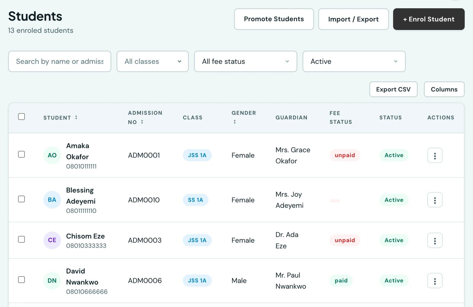 The Students page listing enrolled pupils with their admission number, class, gender, guardian, fee status and active status, with search, class, fee-status and active filters above, and Promote Students, Import / Export and Enrol Student actions in the header