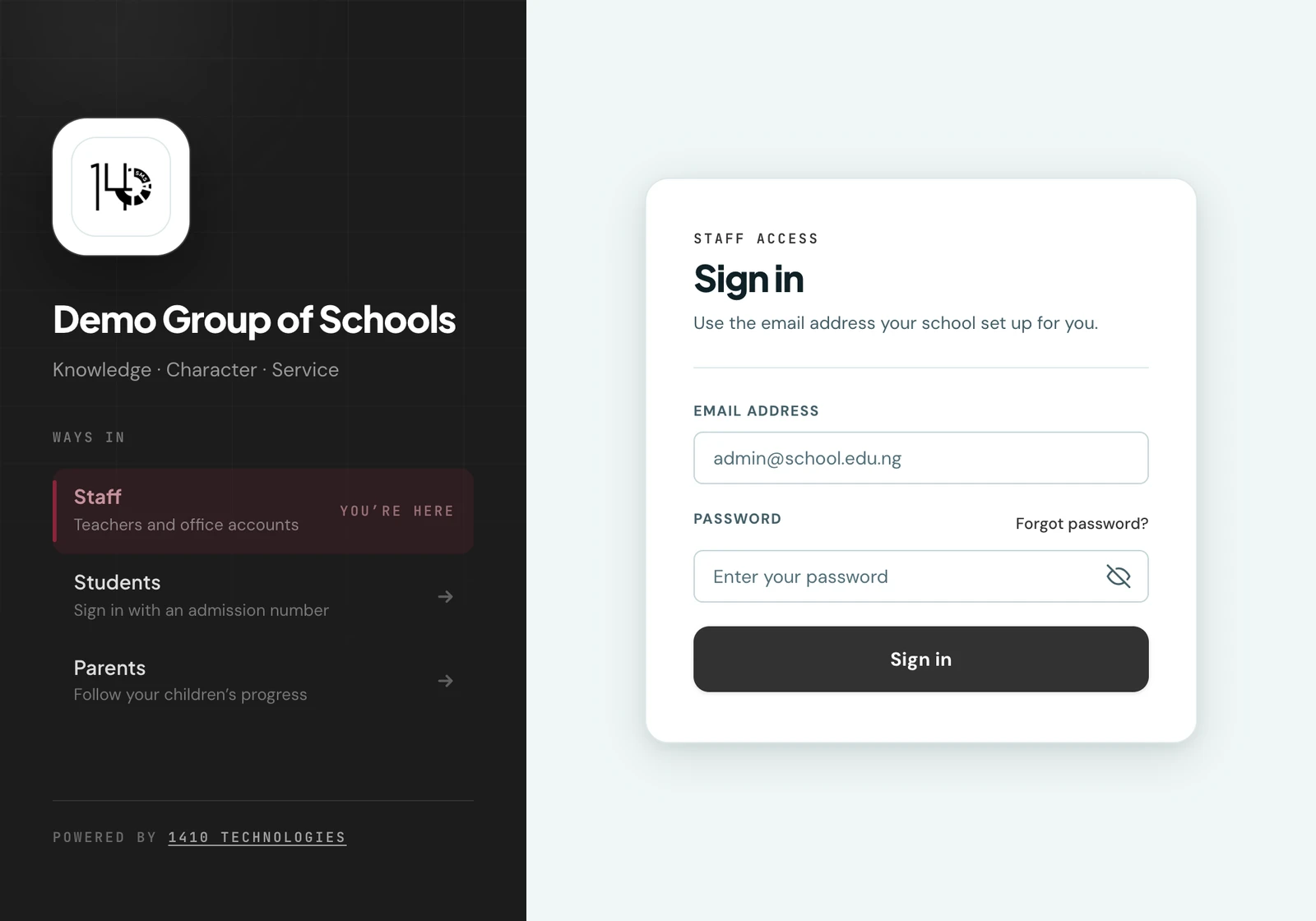 A school's sign-in page on its own sub-domain: a dark panel in the school's own brand colours carrying the default crest tile, the school name and its motto, with a Ways in list marking Staff as the portal you are on and linking on to Students and Parents, beside a Staff access card asking for an email address and password