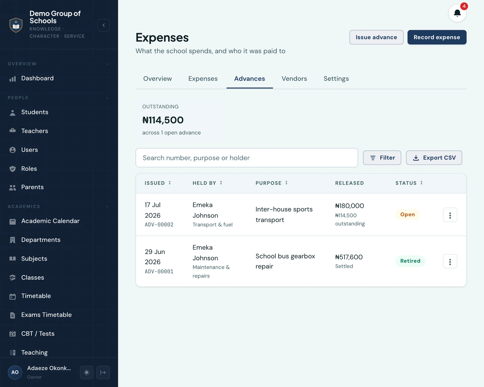 The Advances tab of the Expenses workspace. A panel at the top reads Outstanding, 114,500 naira, across 1 open advance. Below it a search box for number, purpose or holder, with Filter and Export CSV buttons, then a table of two advances. The first, ADV-00002 issued 17 Jul 2026, is held by Emeka Johnson under Transport and fuel for inter-house sports transport, released 180,000 naira with 114,500 outstanding, tagged Open. The second, ADV-00001 issued 29 Jun 2026, is held by the same man under Maintenance and repairs for a school bus gearbox repair, released 517,600 naira and settled, tagged Retired.