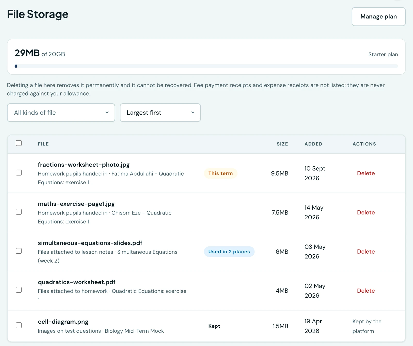 The File Storage page showing 29MB of 20GB used on the Starter plan, above a list of stored files, each naming the pupil or lesson it belongs to, its size and when it was added, with a Delete action on the ones the school may remove