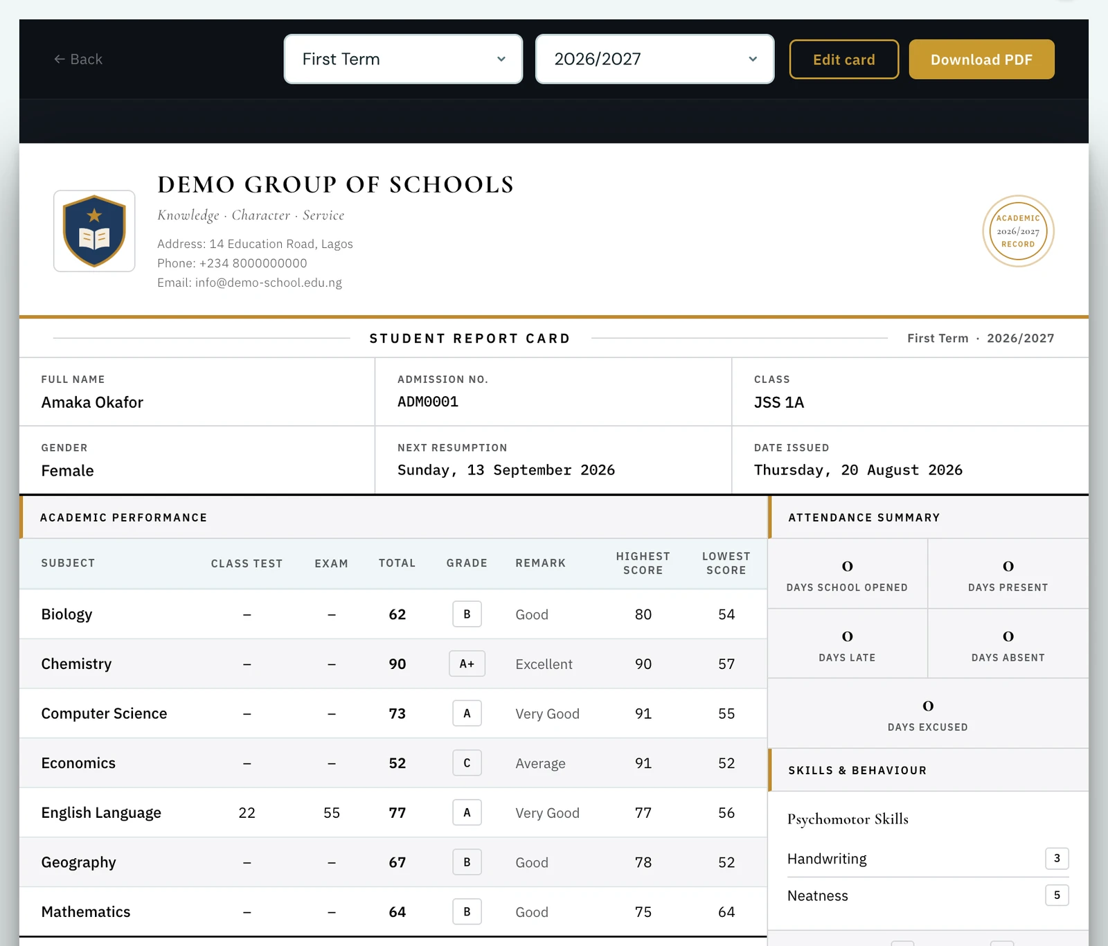 The top of a rendered student report card: the school's branded header with motto and contact details, a Download PDF button, the pupil's name, admission number, class and next resumption date, then an academic performance table giving each subject its assessment columns, total, letter grade, remark and the class highest and lowest score, with the attendance summary and the skills and behaviour ratings in a column alongside