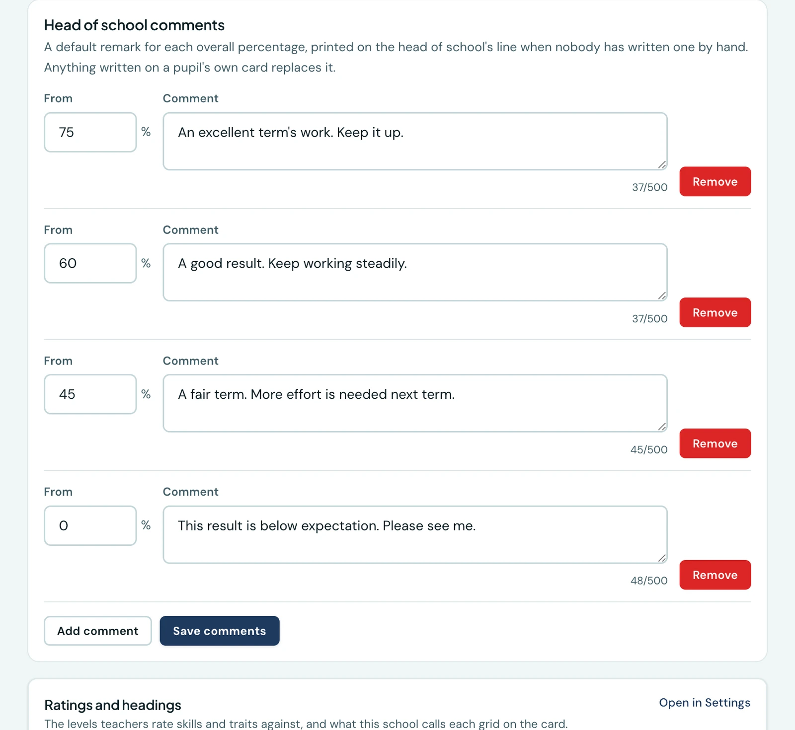 The Head of school comments panel with four bands: 75 per cent an excellent term's work, 60 per cent a good result, 45 per cent a fair term, and 0 per cent below expectation, each with a starting percentage box and a comment box