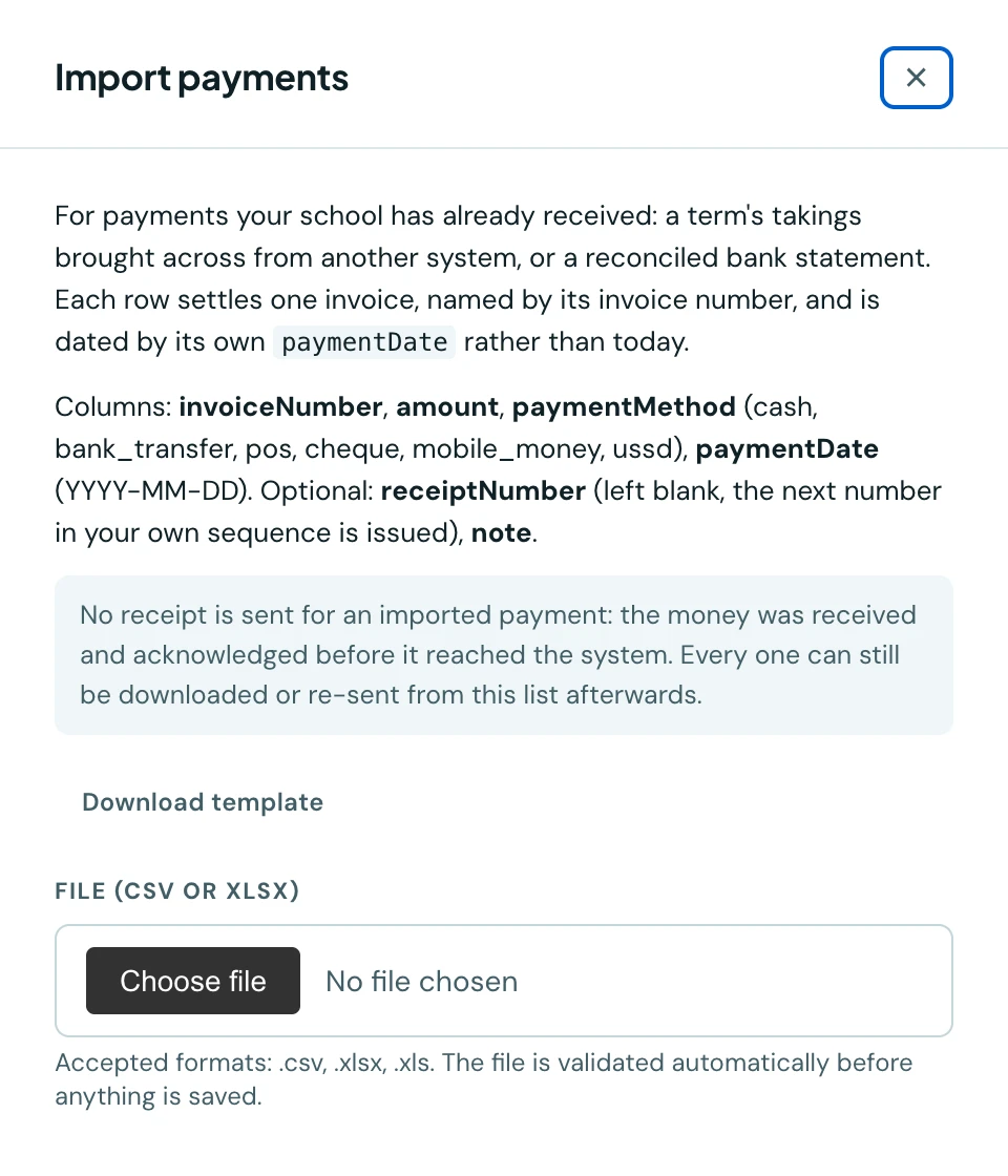 The Import payments slide-over, explaining that each row settles one invoice named by its invoice number and is dated by its own paymentDate, listing the columns invoiceNumber, amount, paymentMethod, paymentDate and the optional receiptNumber and note, with a Download template link and a file chooser