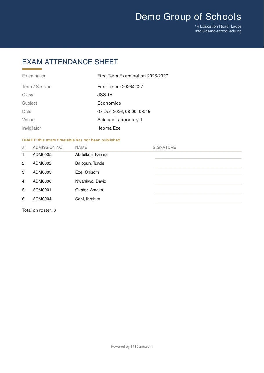 An exam attendance sheet on A4. A navy band across the top carries the school name, address and email. Below it the heading EXAM ATTENDANCE SHEET, then the examination, term and session, the class JSS 1A, the subject Economics, the date 07 Dec 2026 from 08:00 to 08:45, the venue Science Laboratory 1 and the invigilator Ifeoma Eze. A line in the school's accent colour reads DRAFT: this exam timetable has not been published. Under it the roster lists six pupils by admission number and surname-first name, each with a ruled signature line, and the sheet ends with Total on roster: 6.