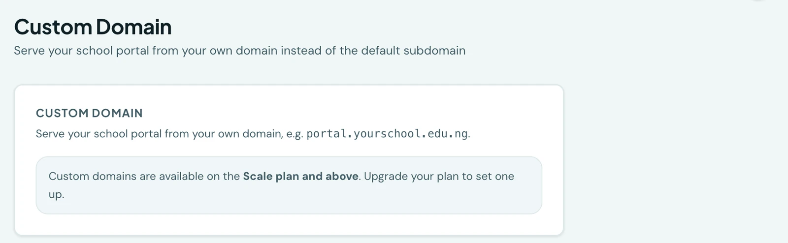 The Custom Domain page with a field for entering your own domain and a Set up domain button, explaining that HTTPS certificates are issued and renewed automatically on the Standard plan and above