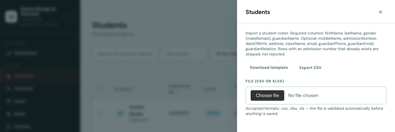 The Import / Export slide-over drawer for Students, listing the required and optional columns, with buttons to download the template CSV or export existing records, and a file picker that validates the chosen file automatically