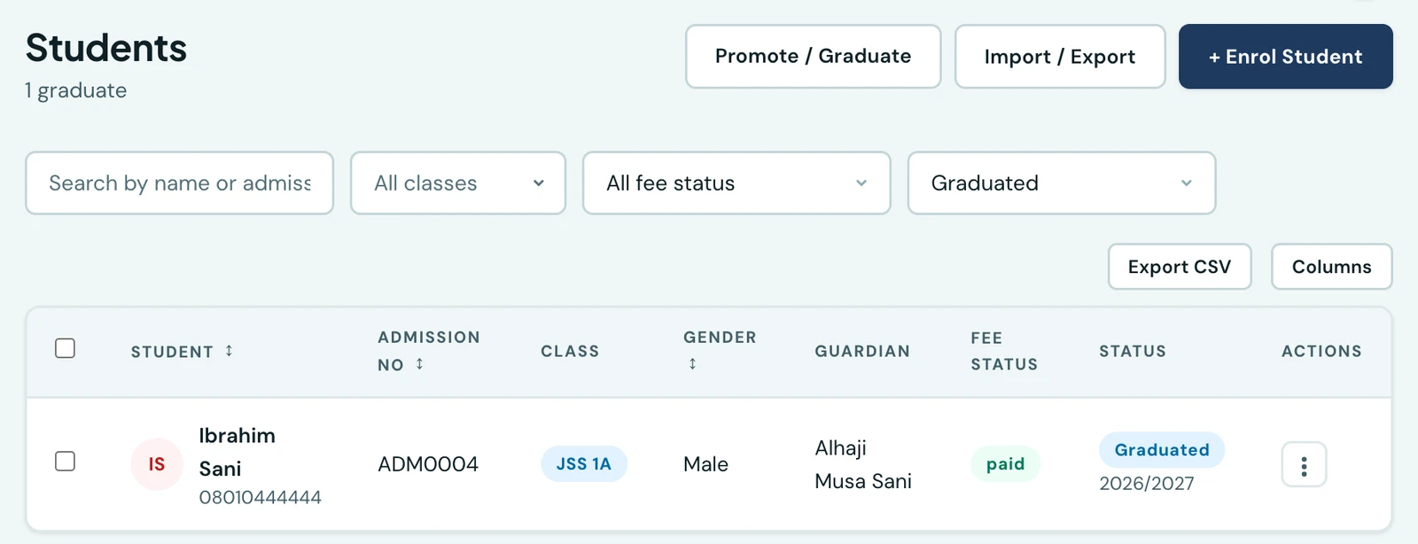The Students page filtered to Graduated, showing a single pupil, Ibrahim Sani of JSS 1A, with a blue Graduated tag and the session 2026/2027 beneath it in the Status column