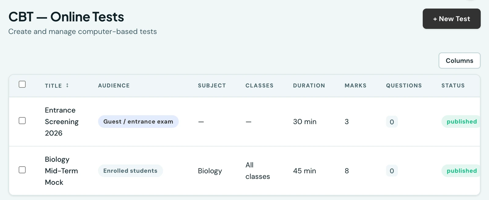The CBT test list showing a test whose audience is set to Guest / entrance exam, with no classes assigned because candidates are not yet enrolled