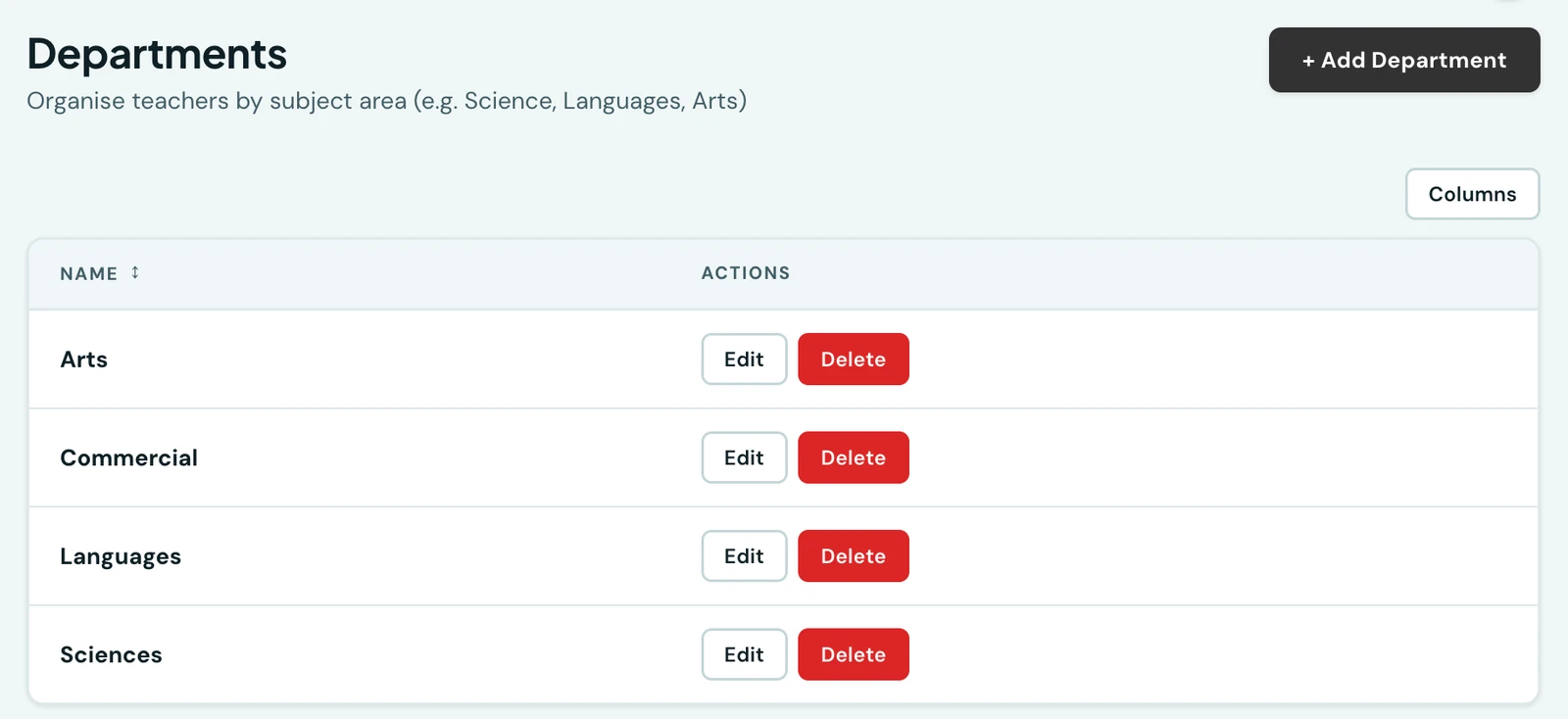 The Departments page listing Arts, Commerce, Languages, Religious, Sciences, Social Sciences, Sports and Vocational, each with edit and delete actions
