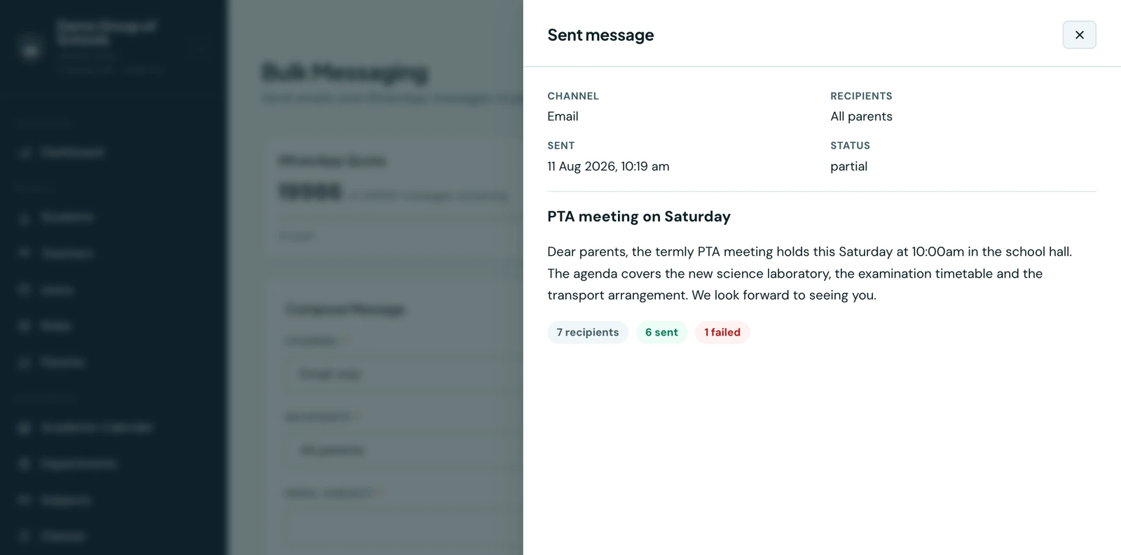 A sent message opened in a side panel: channel Email, recipients All parents, the date it was sent and a Partial status, then the subject 'PTA meeting on Saturday' and its full body, with chips reading 7 recipients, 6 sent and 1 failed