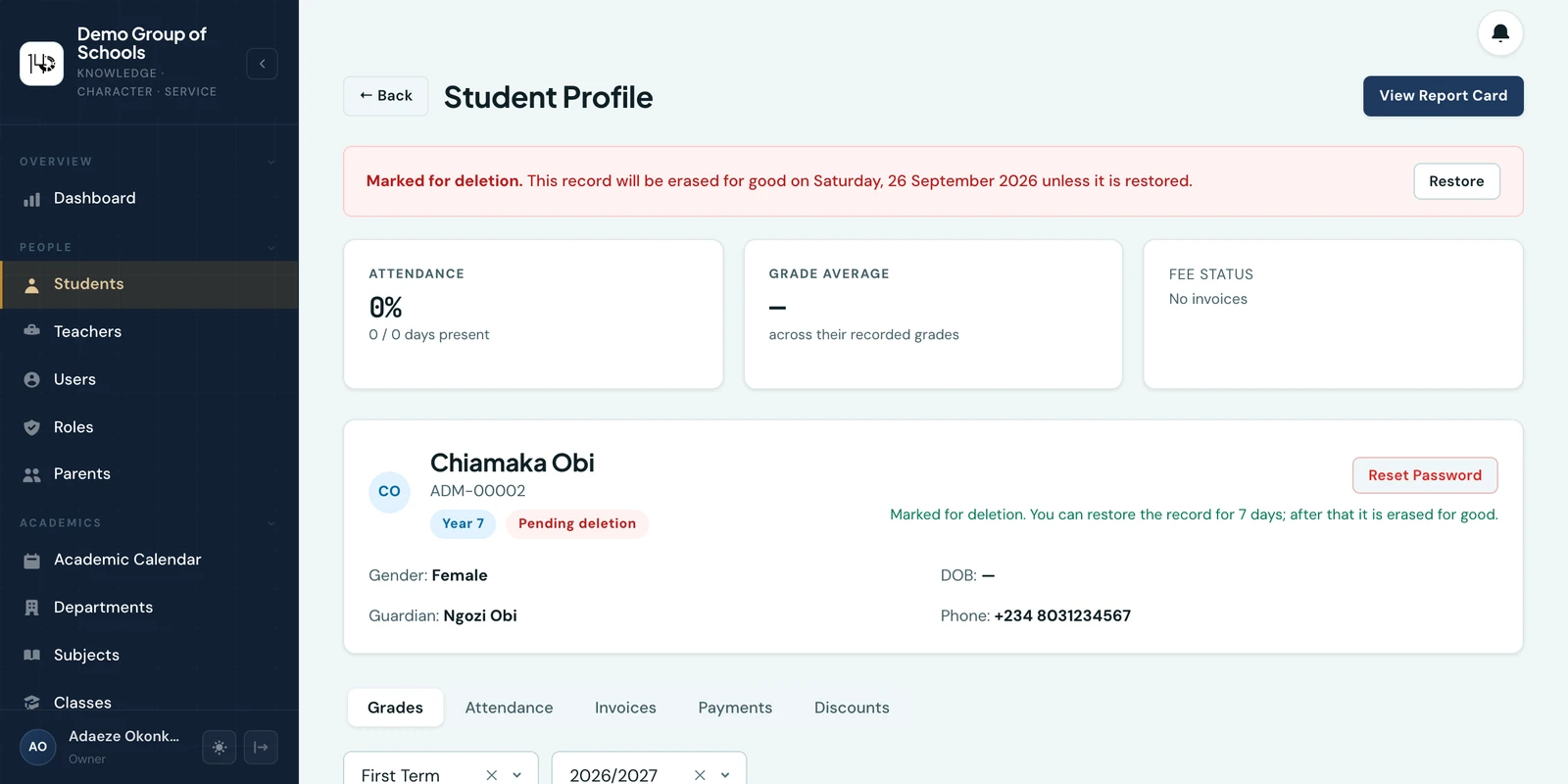 A pupil's profile with a red banner reading Marked for deletion. This record will be erased for good on Saturday, 26 September 2026 unless it is restored, and a Restore button beside it. Below, the pupil Chiamaka Obi of Year 7 carries a Pending deletion tag