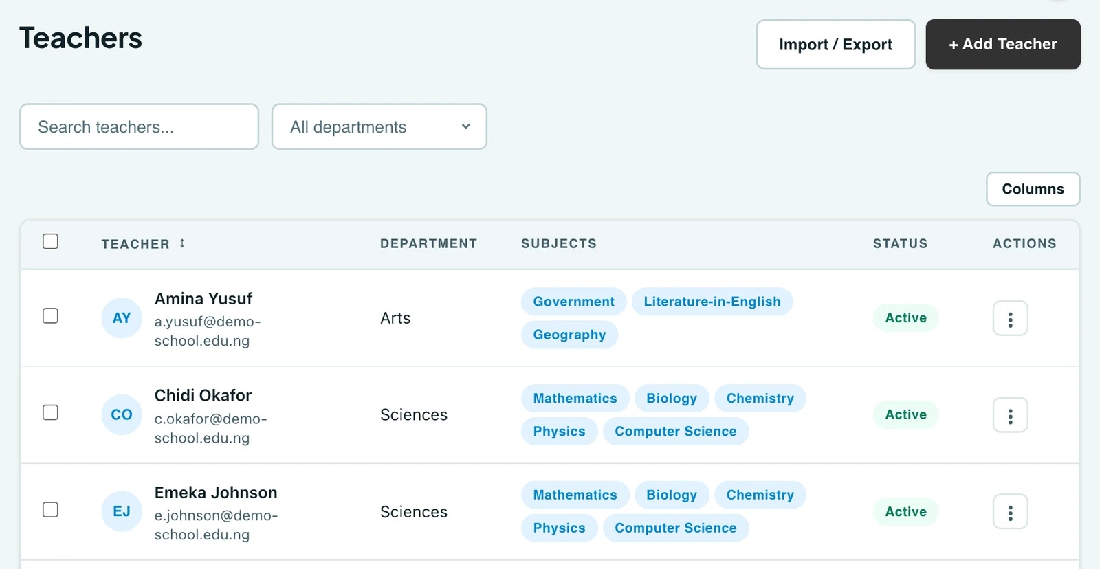 The Teachers page listing five staff members with their department, the subjects each teaches shown as tags, and their active status, with search and department filters above