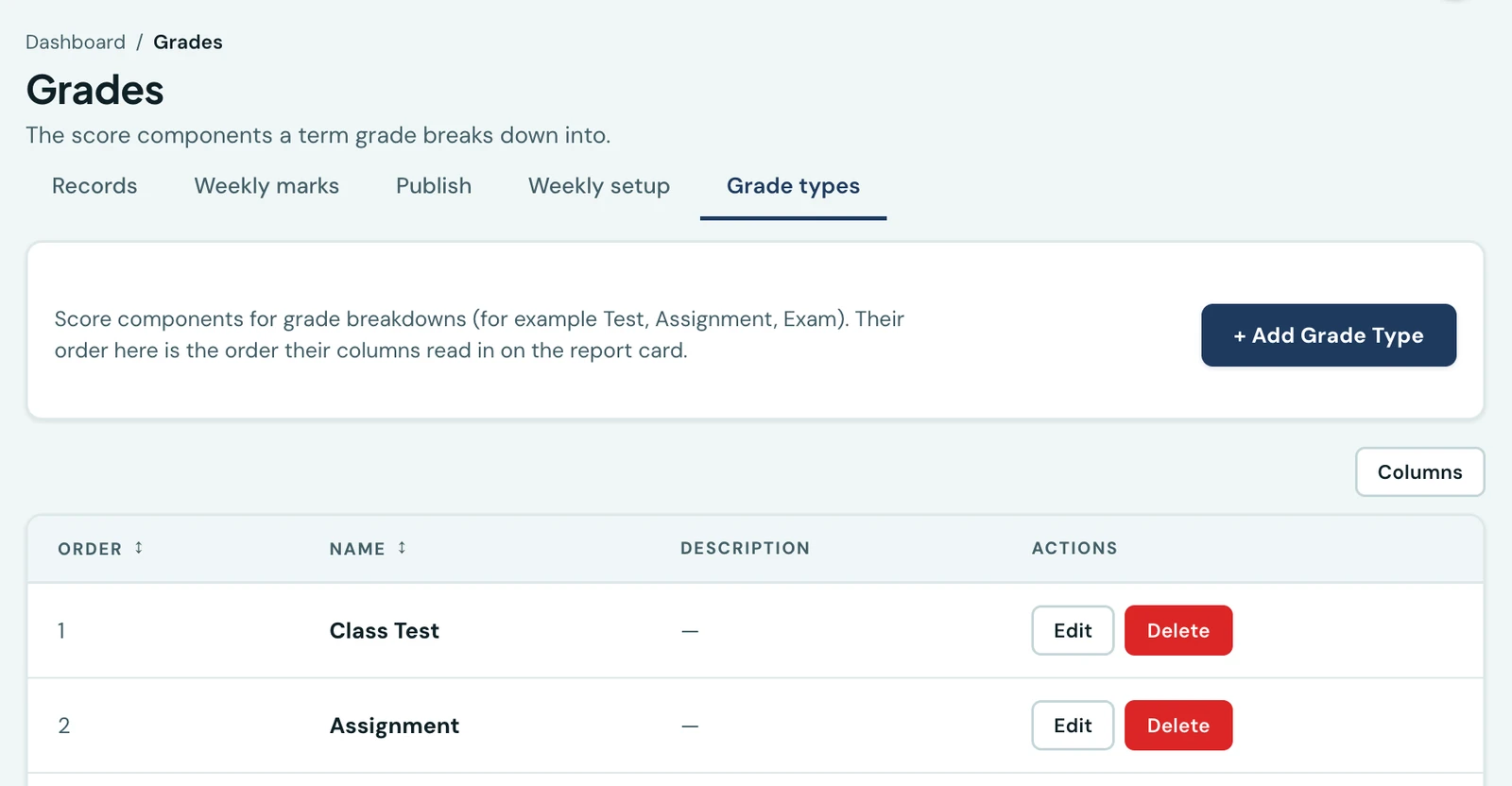 The Grade types tab of the Grades workspace listing Assignment, CA, Exam and Practical in display order, which is the order their columns appear in on the report card