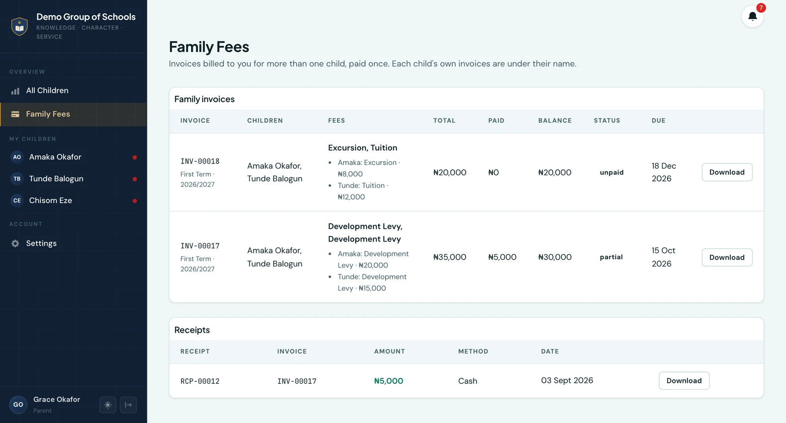 The parent portal's Family Fees page, listing two family invoices each covering Amaka and Tunde with each child's fee lines, a single total, paid and balance, a status, a due date and a Download button, and a receipts table below with one cash receipt