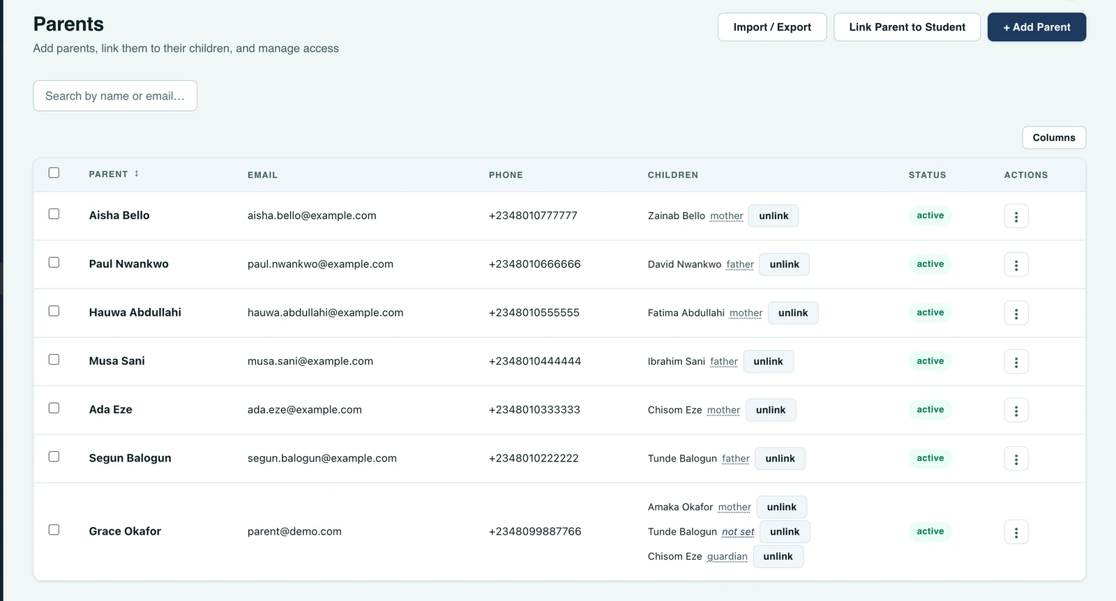 The Parents page: a search box, buttons to import or export, to link a parent to a student and to add a parent, and a table of parent accounts with columns for the parent's name, email, phone, linked children and the relationship to each, their status, and a row actions menu. Each child's relationship is underlined to show it can be clicked and changed, and one reads not set.