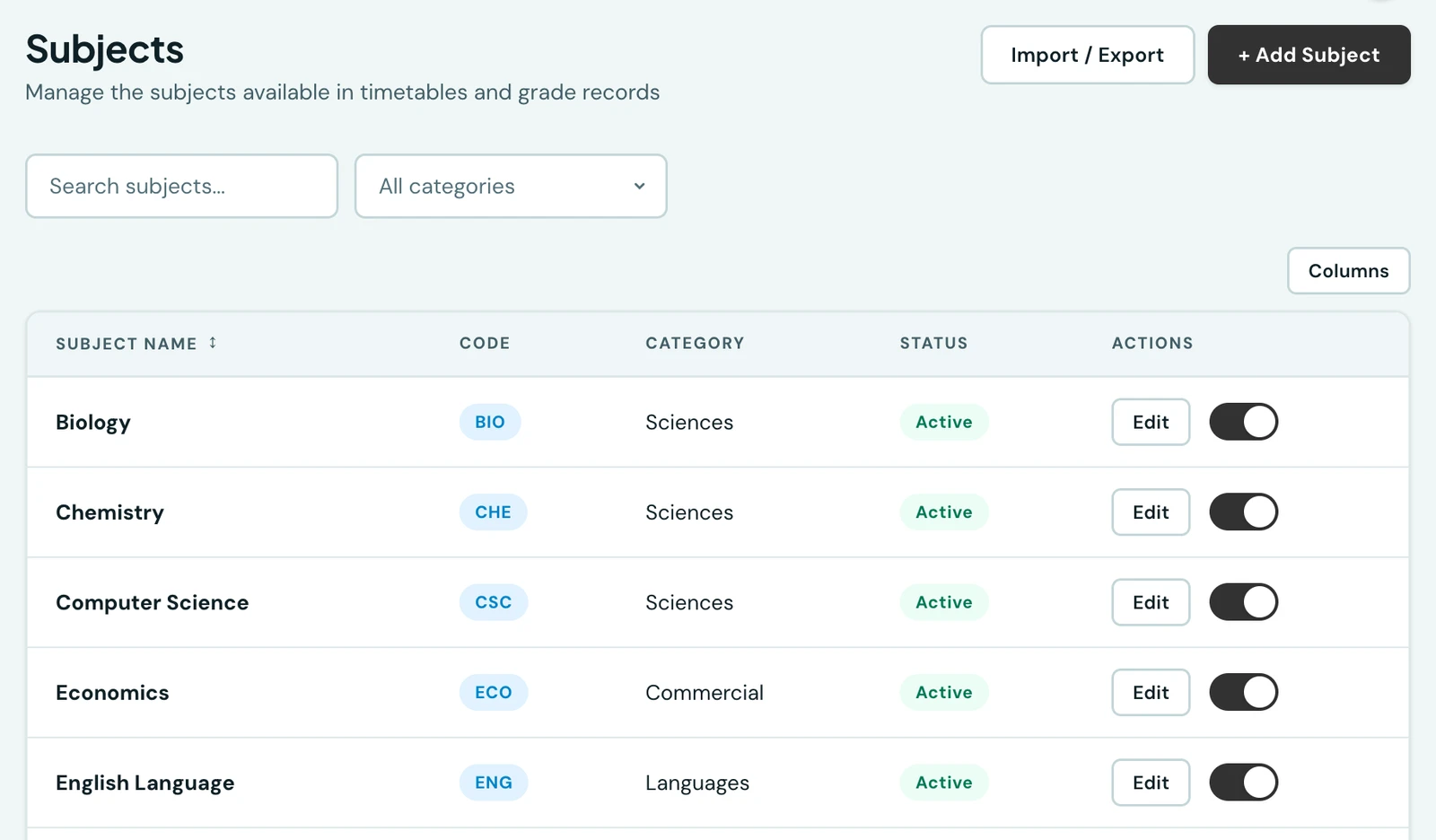 The Subjects page listing Arabic, Biology, Chemistry, Economics, English, Islamic Studies, Mathematics, Physics and Yoruba, each with a code, its category and an active toggle