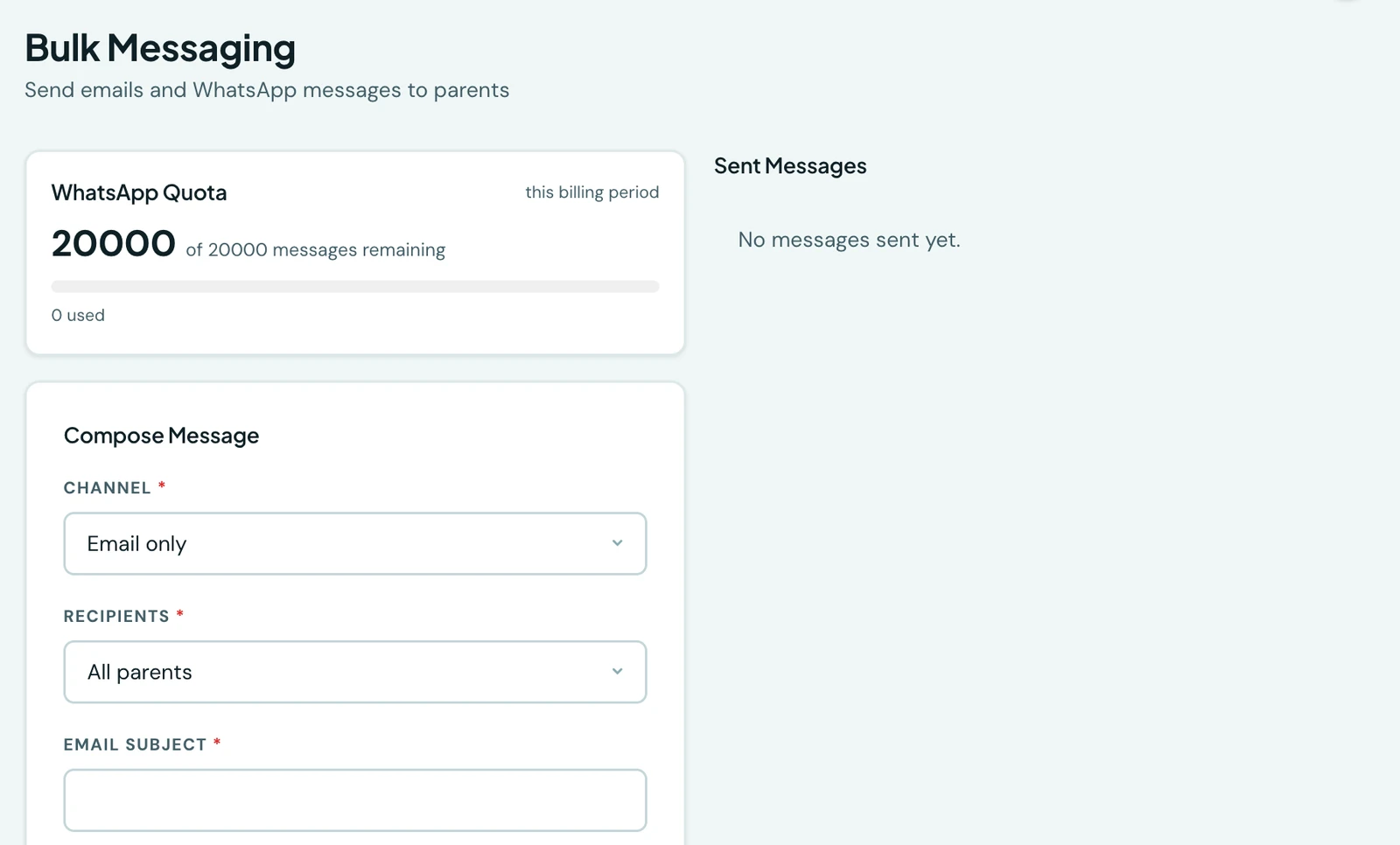 The Bulk Messaging page: the school's remaining WhatsApp allowance for the billing period, a compose form with channel, recipients, subject and message body and an option to also send a mobile push, and the sent-message history with per-message delivery counts