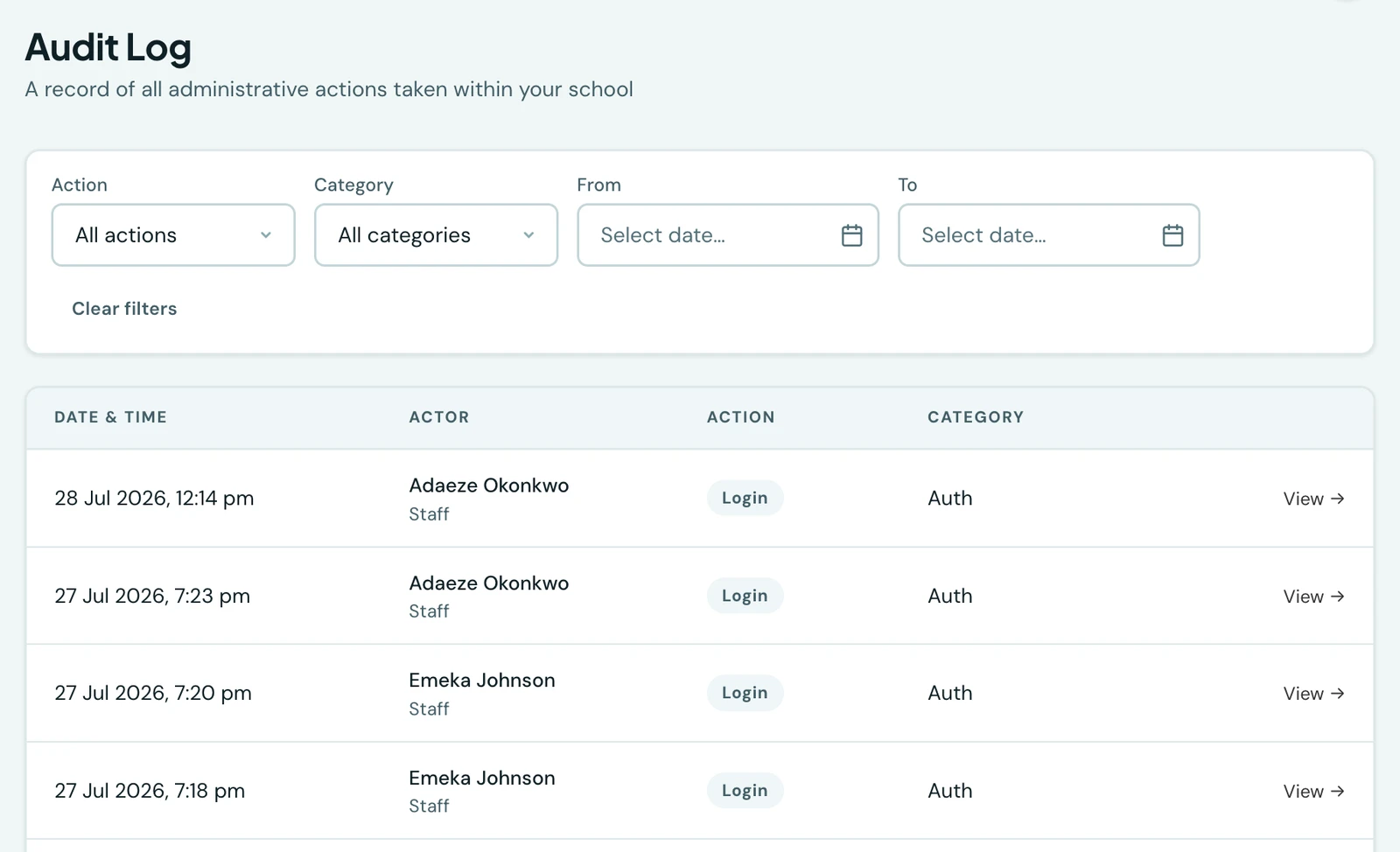 The Audit Log listing administrative actions with date and time, the staff member who made the change, the action taken (update, create or login) and the record category, filterable by action, category and date range