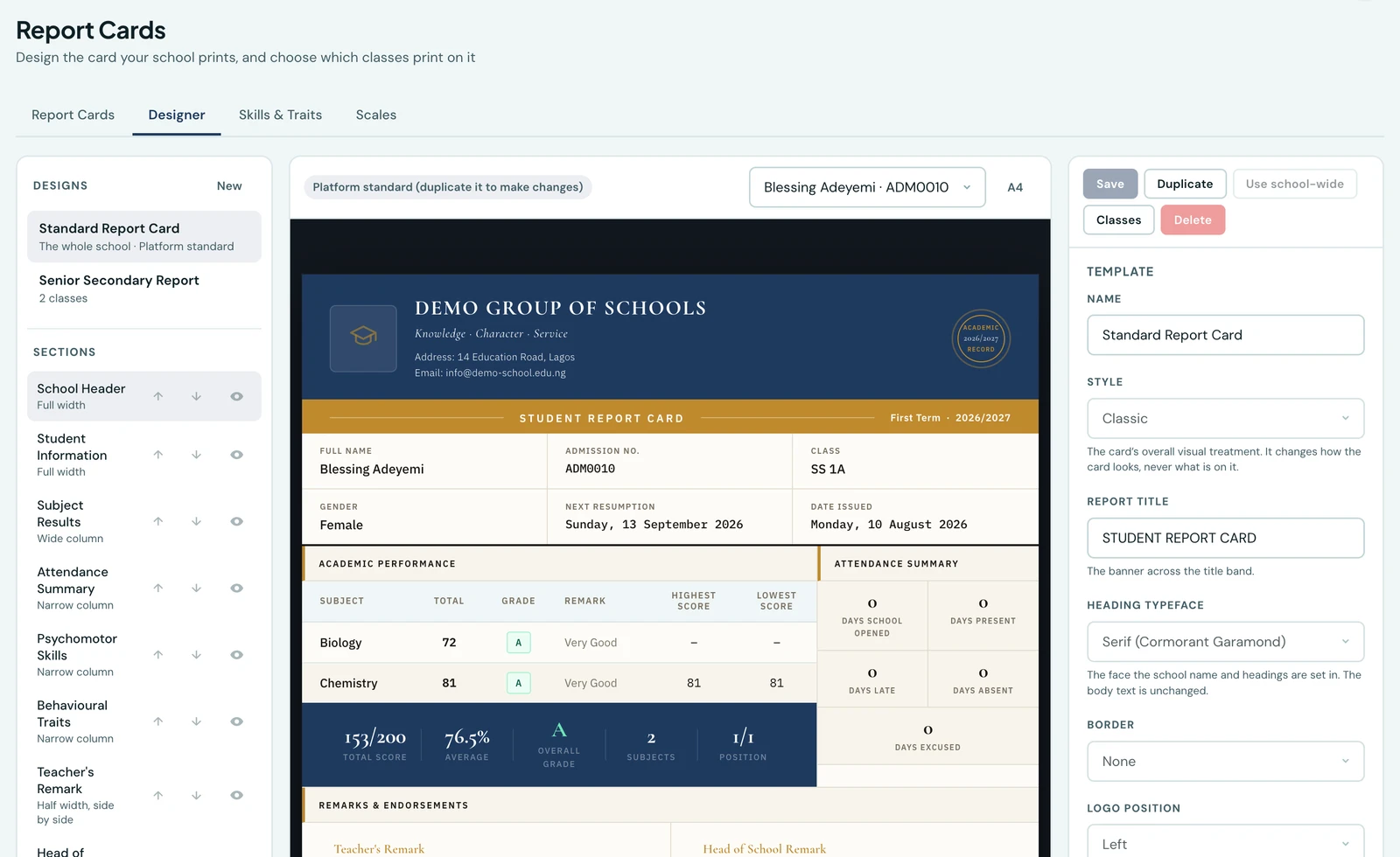 The Report Card Designer: a list of the school's designs and the card's sections on the left, a live preview of a real student's report card in the middle, and a properties panel on the right showing the template's name, style, report title, heading typeface, border and logo position