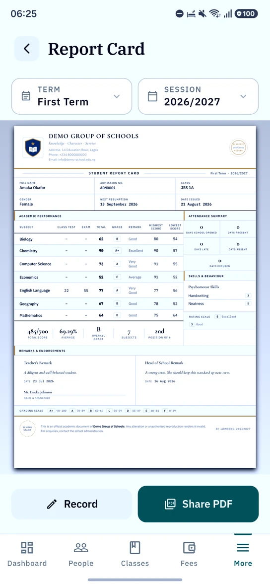 The 1410SMS Android app Report Card screen: Term and Session pickers reading First Term and 2026/2027 above a pupil's full report card, drawn as a white sheet in black type with the school's colours on its rules rather than filling any band. The letterhead gives Demo Group of Schools, its motto, address, phone and email beside the crest, with an academic record seal at the right. Under it the title line reads STUDENT REPORT CARD, then Amaka Okafor, ADM0001, JSS 1A, Female, a next resumption of 13 September 2026 and a date issued of 21 August 2026. An academic performance table gives each of seven subjects its class test, exam, total, letter grade, remark and the class highest and lowest score, from Biology at 62 to Mathematics at 64, and a row of totals underneath reads 485 out of 700, 69.29 per cent average, overall grade B, seven subjects, second position of six. Alongside sit the attendance summary and a skills and behaviour panel rating handwriting and neatness against the school's scale. Below, the teacher's and head of school's remarks each carry a date and a signature line, then the grading scale and a school stamp, with Record and Share PDF buttons at the foot of the screen