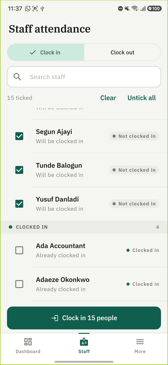 The 1410SMS Android app Staff attendance screen showing the roll call. A Clock in and Clock out toggle with Clock in selected, a Search staff box, and a line reading 15 ticked with Clear and Untick all beside it. The list below is ruled into two headed blocks. In the first, Segun Ajayi, Tunde Balogun and Yusuf Danladi are ticked, each reading Will be clocked in and marked Not clocked in. A heading reads CLOCKED IN, 4, and under it Ada Accountant and Adaeze Okonkwo are unticked, each reading Already clocked in and marked Clocked in in green. A full-width Clock in 15 people button sits at the foot of the screen.