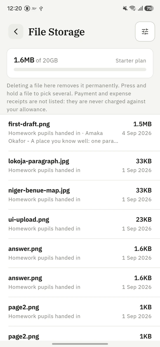 The 1410SMS Android app File Storage screen: a card reading 1.6MB of 20GB on the Starter plan, a note that deleting a file removes it permanently and that payment and expense receipts are not listed, then a list of stored files, the first named first-draft.png at 1.5MB and belonging to Amaka Okafor's paragraph homework, followed by smaller submissions in kilobytes