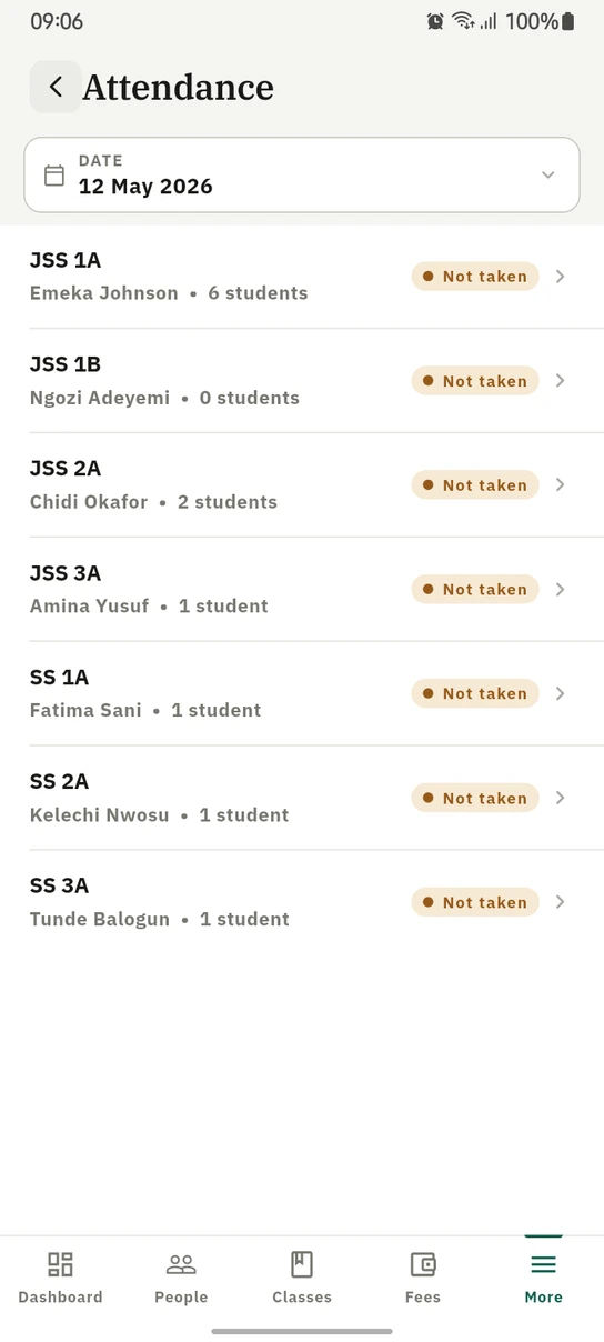 The 1410SMS Android app Attendance screen with the date set to 12 May 2026, listing seven classes from JSS 1A to SS 3A, each naming its teacher and its number of pupils with a Not taken tag beside it