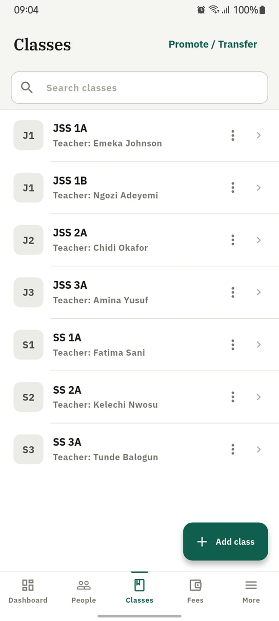 The 1410SMS Android app Classes screen: a search box above seven classes from JSS 1A to SS 3A, each naming its homeroom teacher, with a Promote / Transfer action in the header and an Add class button