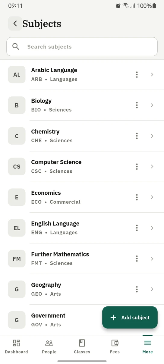 The 1410SMS Android app Subjects screen: a search box above a list of subjects in alphabetical order from Arabic Language to Government, each showing its short code and its department, above an Add subject button