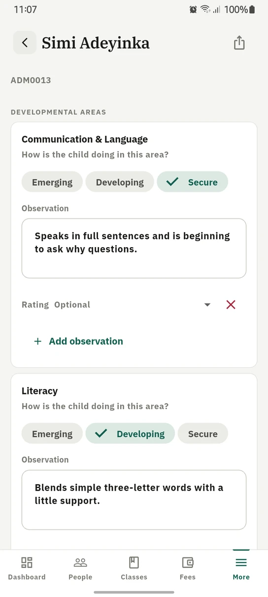 The 1410SMS Android app showing a Reception child's developmental assessment: the area Communication and Language with Emerging, Developing and Secure pills and Secure selected, an observation reading that the child speaks in full sentences and is beginning to ask why questions, an optional per-observation rating and an Add observation button, with the Literacy area following below