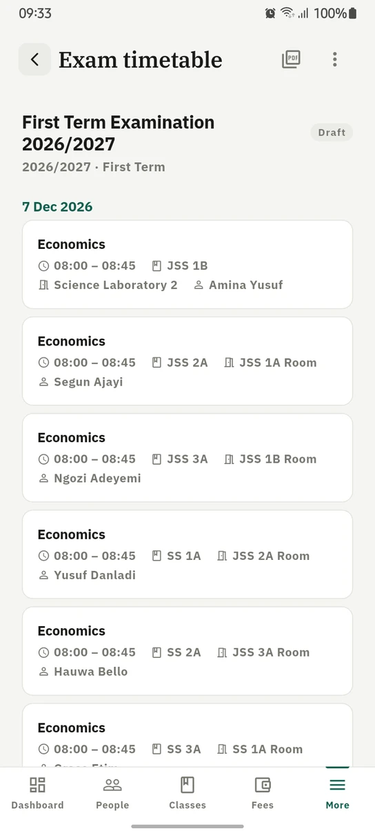 The 1410SMS Android app Exam timetable screen for First Term Examination 2026/2027, tagged Draft, showing 7 Dec 2026 and the Economics papers sitting at 08:00 to 08:45 for JSS 1B, JSS 2A, JSS 3A, SS 1A, SS 2A and SS 3A, each card naming its room and its invigilator