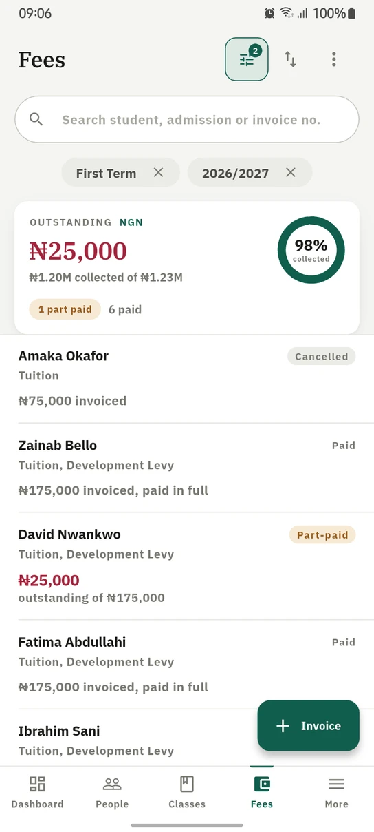 The 1410SMS Android app Fees screen: a search box, First Term and 2026/2027 filter chips, an outstanding card showing ₦25,000 in NGN beside a 98% collected ring with one part-paid and six paid, then invoice rows for each pupil naming the fee items and the balance, above an Invoice button