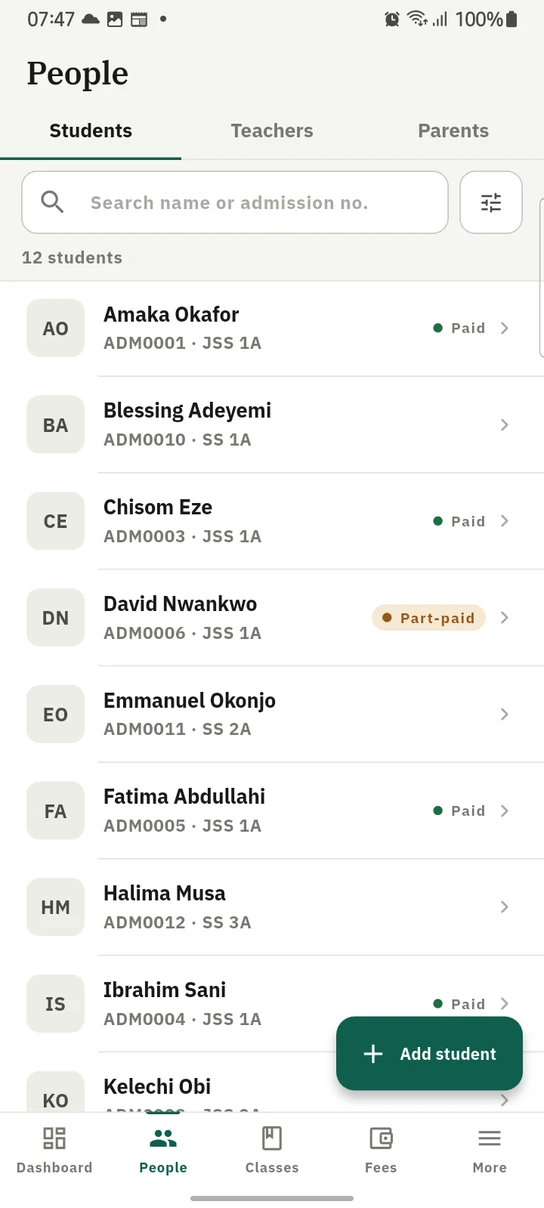 The 1410SMS Android app People screen on its Students tab, with Teachers and Parents beside it: a search box, a count of twelve students, and a list giving each pupil's name, admission number and class, with a paid or part-paid fee tag against the ones who have been invoiced