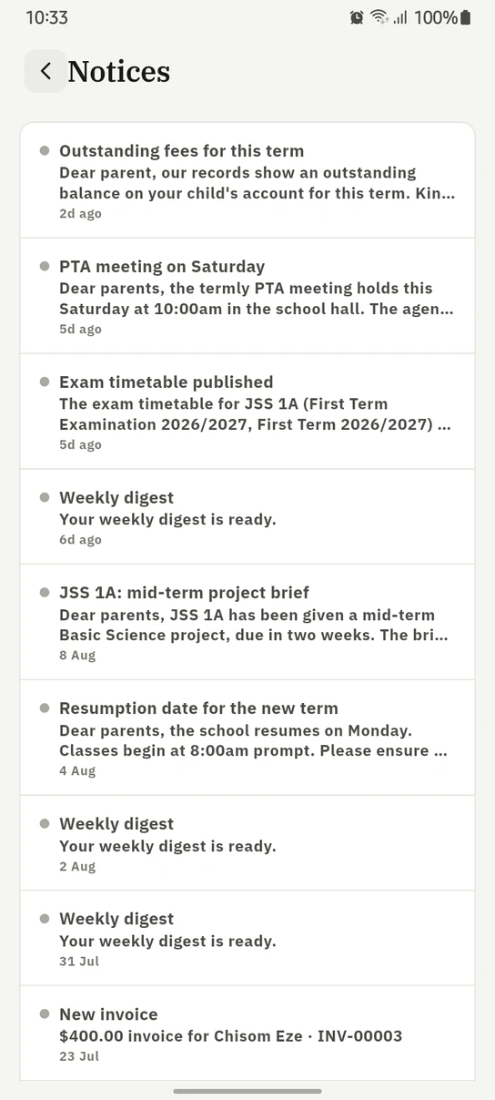 The 1410SMS Android app Notices screen for a parent: a list of notices newest first, each with a title, the opening of its body and how long ago it arrived, running from Outstanding fees for this term two days ago through a PTA meeting, a published exam timetable, a weekly digest, a class project brief, a resumption date and a new invoice