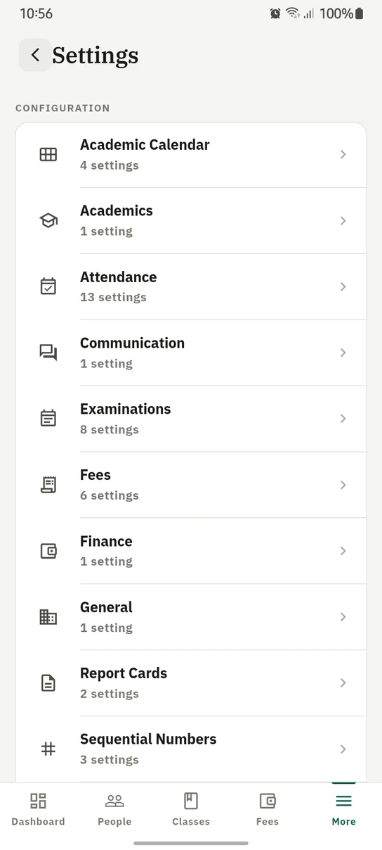 The 1410SMS Android app Settings screen listing configuration groups: Academic Calendar with four settings, Academics with one, Attendance with thirteen, Communication with one, Examinations with eight, Fees with six, Finance with one, General with one, Report Cards with two and Sequential Numbers with three
