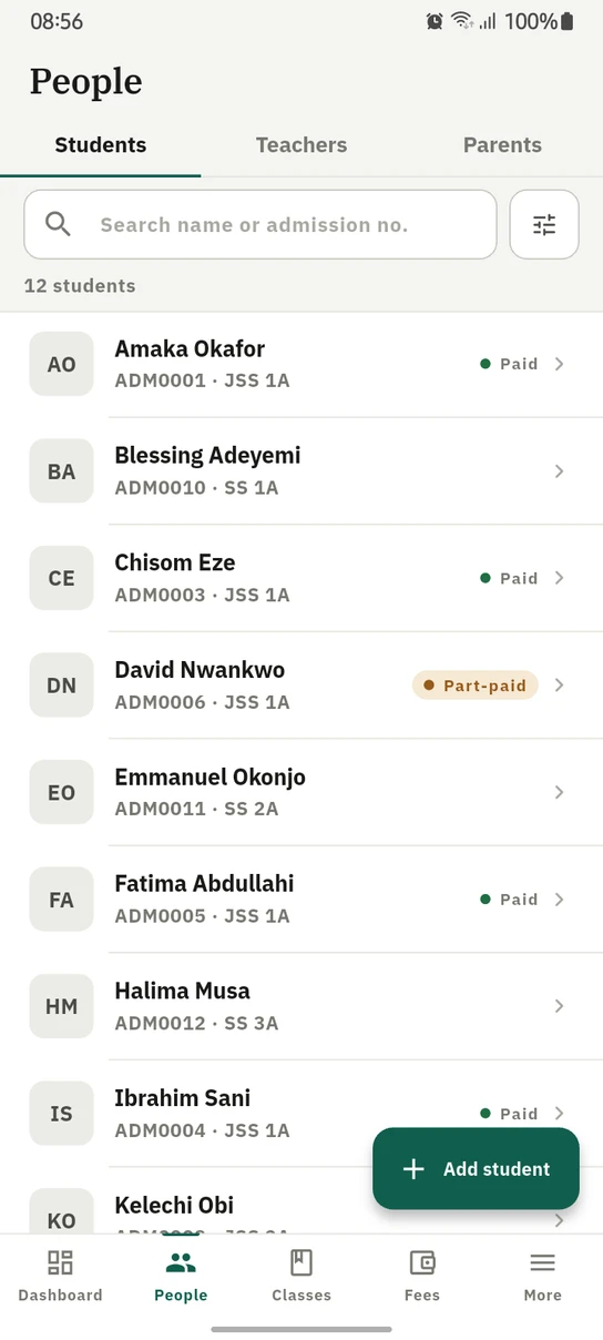 The 1410SMS Android app People screen on its Students tab, with Teachers and Parents beside it: a search box, a count of twelve students, and a list giving each pupil's name, admission number and class, with a Paid or Part-paid tag against the ones who have been invoiced, above an Add student button