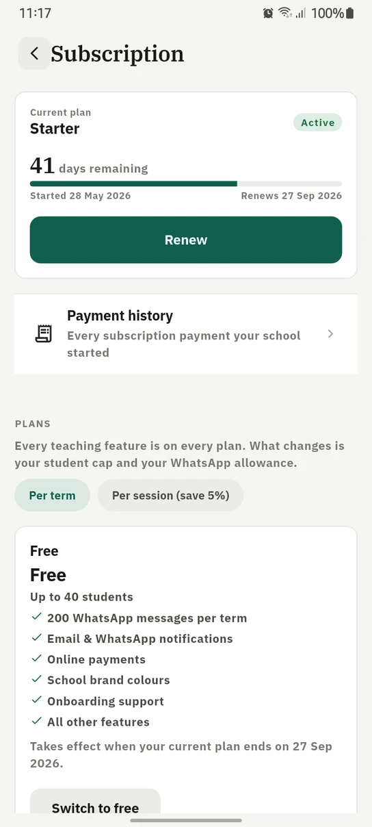 The 1410SMS Android app Subscription screen: a card giving the current Starter plan as Active with 41 days remaining, a progress bar, the start and renewal dates and a Renew button, then a link into payment history, then the plan comparison priced per term with the Free plan's student cap and features listed