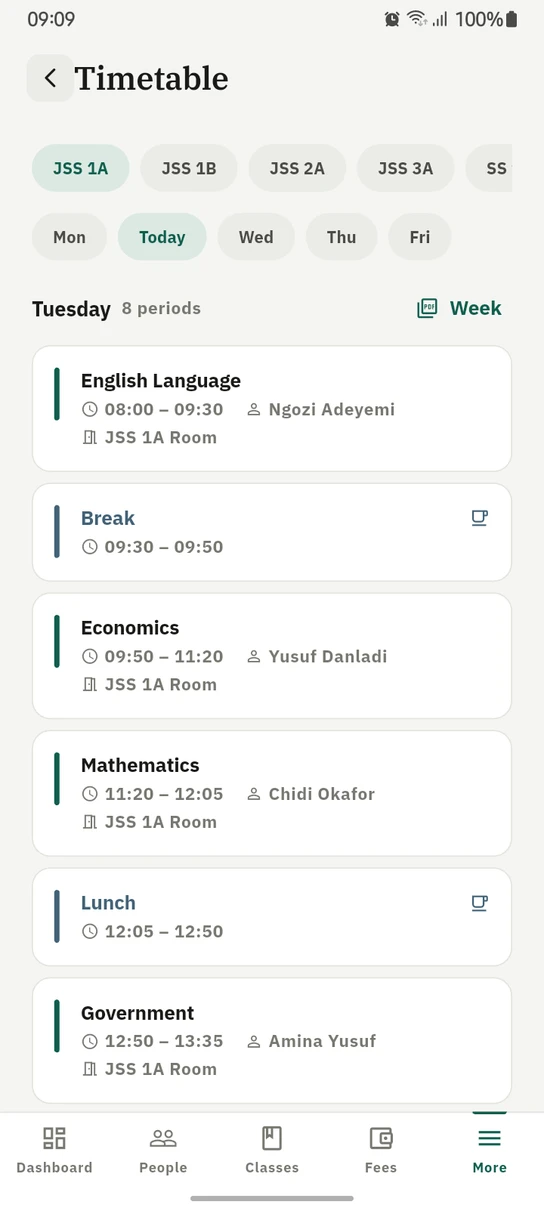 The 1410SMS Android app Timetable screen: class chips from JSS 1A across the top, then day chips with Today selected, then Tuesday's eight periods in order, each card giving the subject, the time, the teacher and the room, with Break and Lunch shown as their own cards